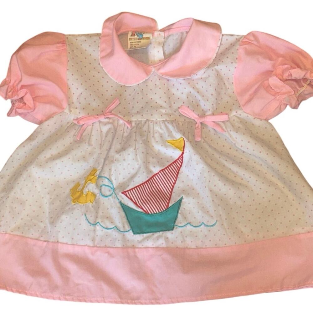 Vintage Girls 90s Apple Tom Sailboat Dress 24M Nautical Coastal Pink White Dots
